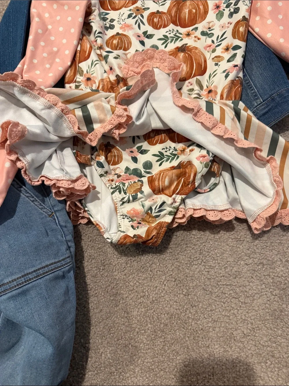 Fall Outfit Blue Denim Jacket with Pumpkin-Print Bodysuit & Jeans - Picture 6 of 8